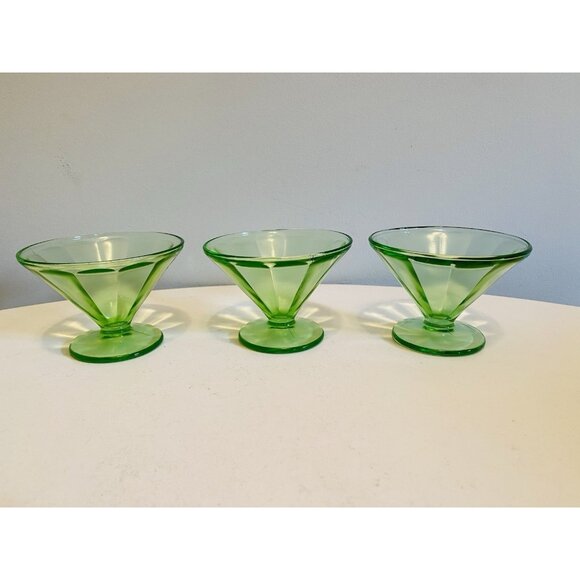 Set of 3 Federal Glass Green Uranium Depression Footed Sherbet Dessert Dish - Picture 5 of 9